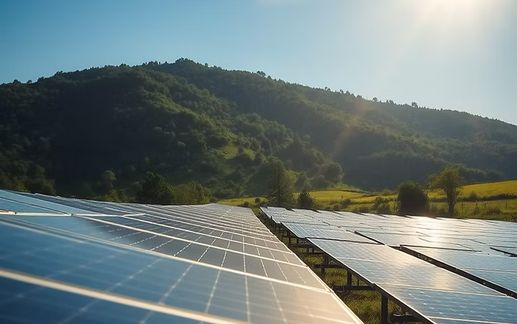 Rows of solar panels on green hillside landscape under a sunny sky